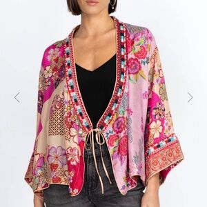 Johnny Was 100% Silk Pink Floral Kimono Blouse